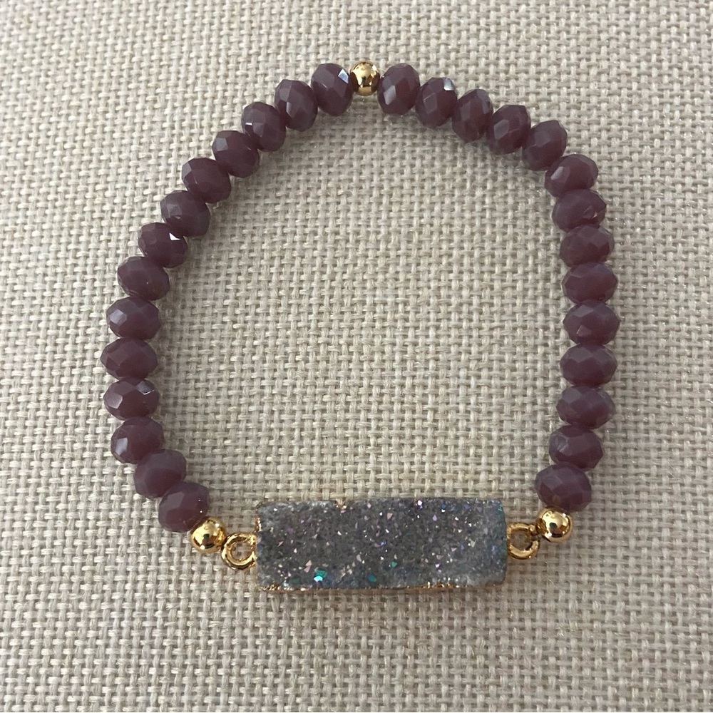 4/$15 ❤️ Lavender Druzy Quartz Bar purple beaded stretch bracelet